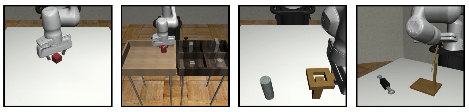 图3 Robomimic 四任务（难度递增）：Lift、Can、Square、Tool Hang，图像观测
