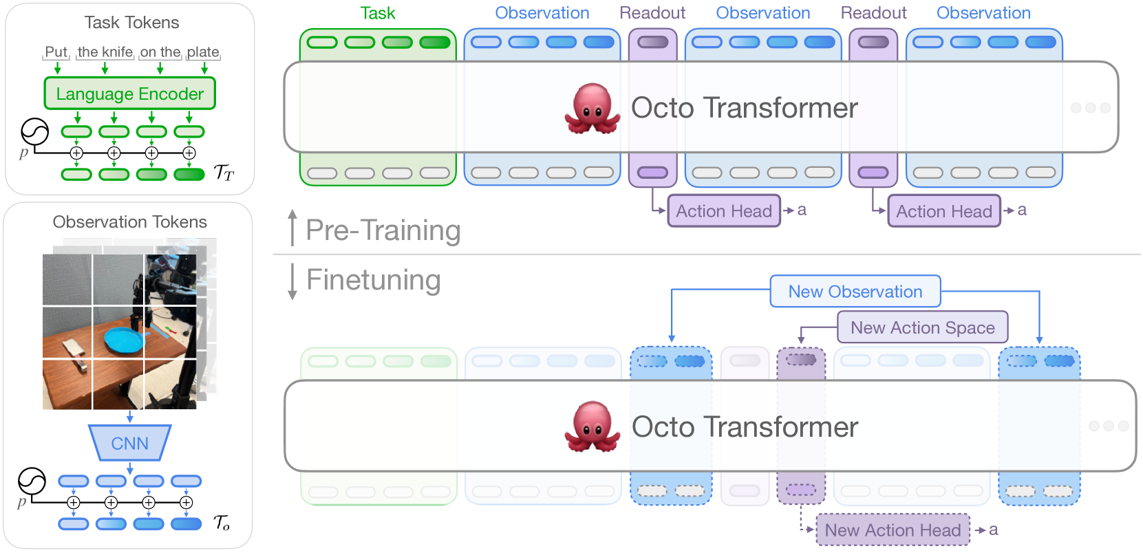图1 Octo 模型架构:左=任务/观测 tokenizer;上=Transformer 主干产出 readout token 喂动作 head;下=分块注意力让微调时直接增删新观测/新动作 head 而不动预训练权重