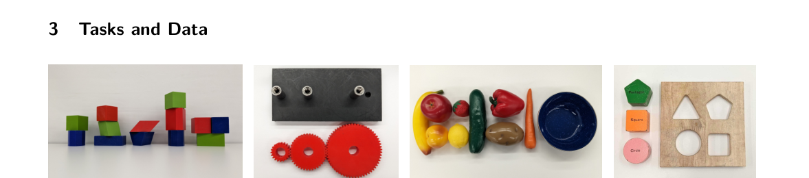 图3 真实物体集：RGB 堆叠块 / NIST-i 齿轮+3 桩底座 / YCB 果蔬+碗 / 形状匹配玩具
