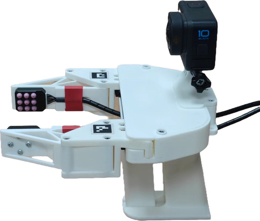 图4 数据采集装置：UMI 手持夹爪 + 双触觉传感器 + GoPro + 3D 打印夹爪