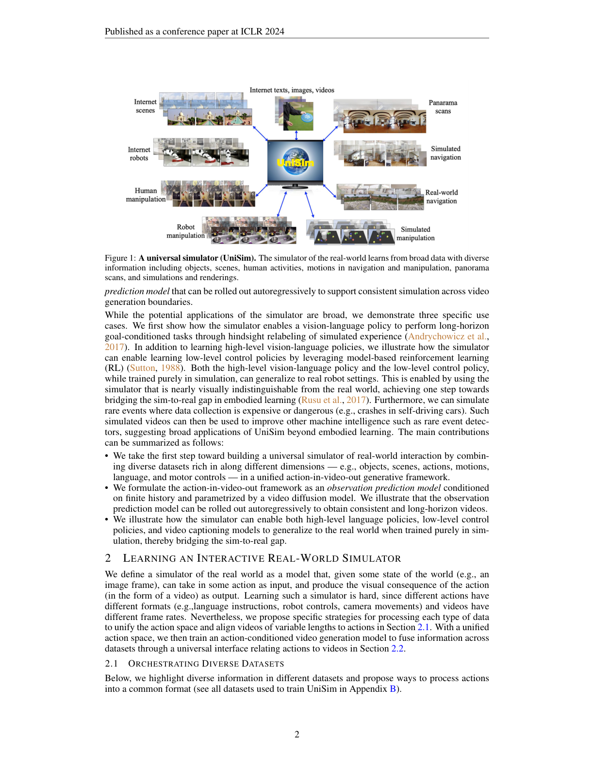 图2 UniSim 训练与推理：视频扩散模型据历史帧 o_{t-1} 与动作 a_{t-1} 预测下一段(可变长)观测帧 o_t；可处理电机控制、语言、相机运动等多模态动作；虚线箭头=把上一帧与下一段初始噪声拼接，自回归滚动